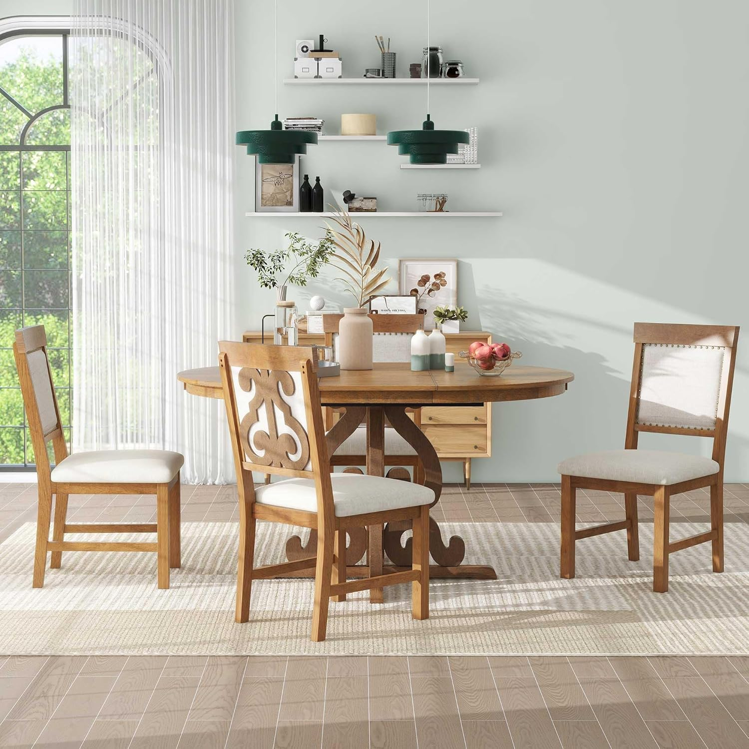 Walnut Extendable Dining Table Set with 4 Upholstered Chairs