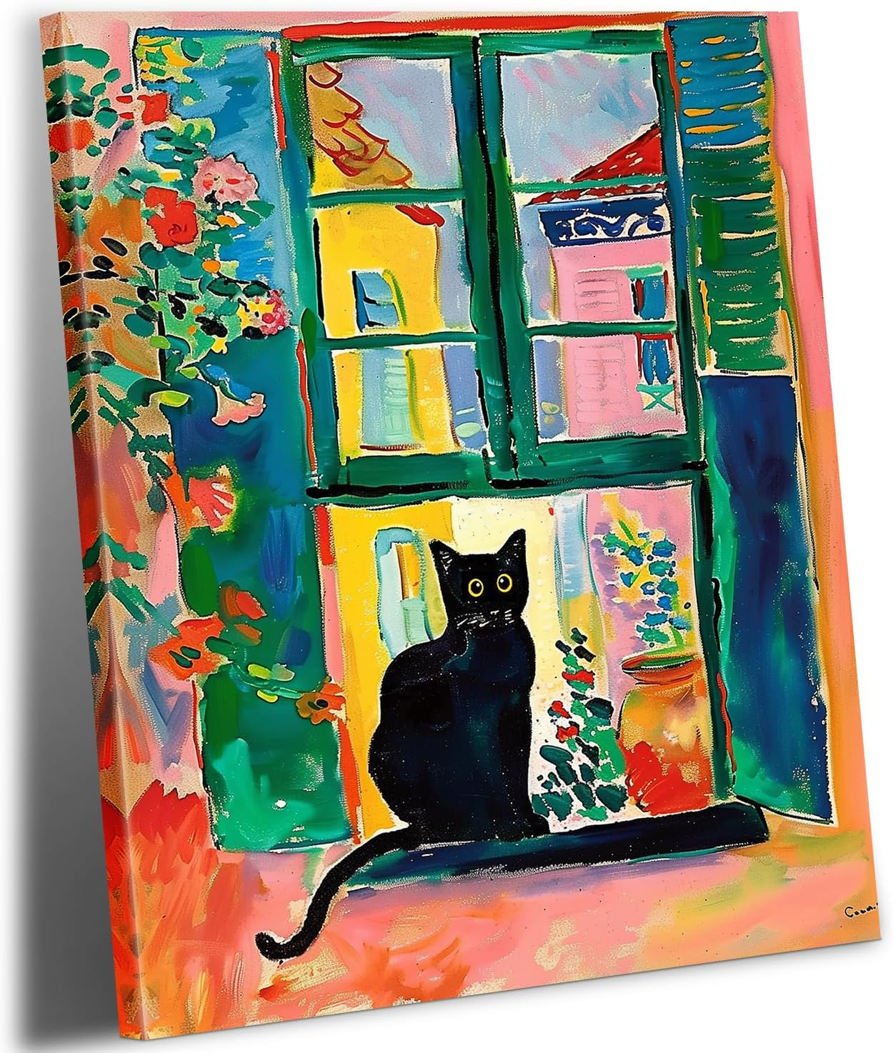Henri Matisse Oil Paintings on Canvas Wall Art Matisse Famous Open Window Black Cat Poster Funny Cat Floral Print Colorful Farmhouse Gallery Aesthetic Room Decor for Bedroom Bathroom 12x16in Unframed