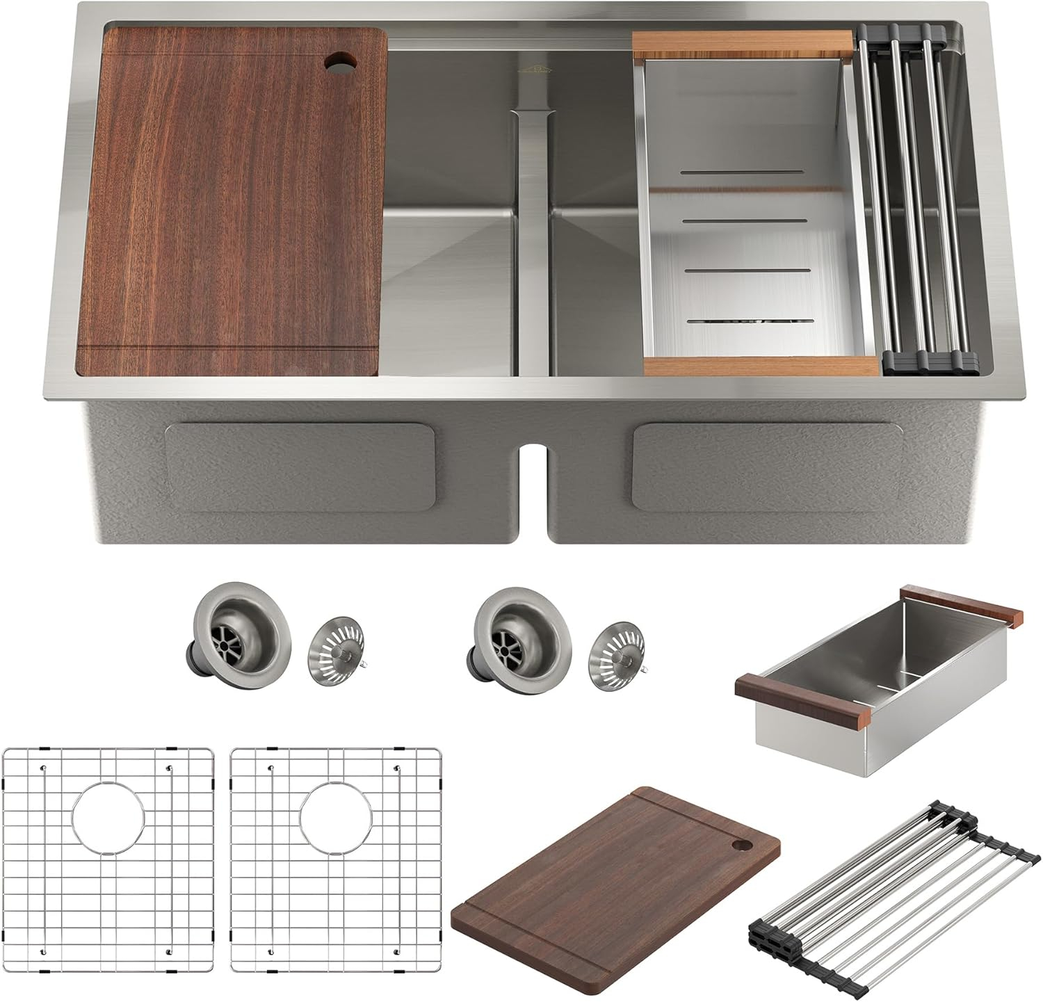 CASAINC Undermount Kitchen Sink Workstation - 33x19x10 Double Bowl Kitchen Sink,16 Gauge Multifunctional Step Kitchen Sinks Set, Nano Material Stainless Steel Sink with Accessories(Pack of 5)