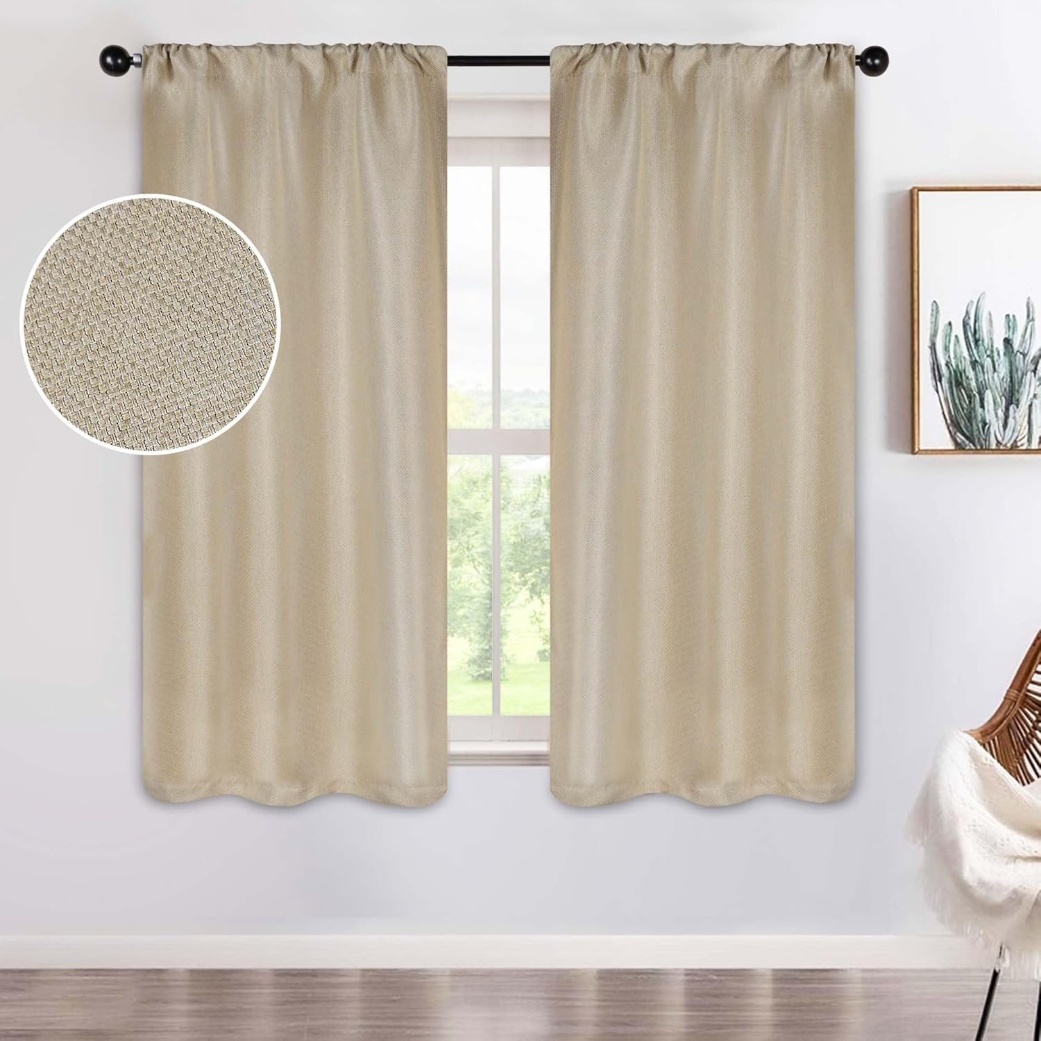 Superior Blackout Curtains, Insulated, Sun Blocking Curtain for Bedroom, Solid, Textured, Living Room Window, Thermal Woven, Jaxon Collection, Set of 2 Panels, Rod Pocket, 26" x 63", Beige