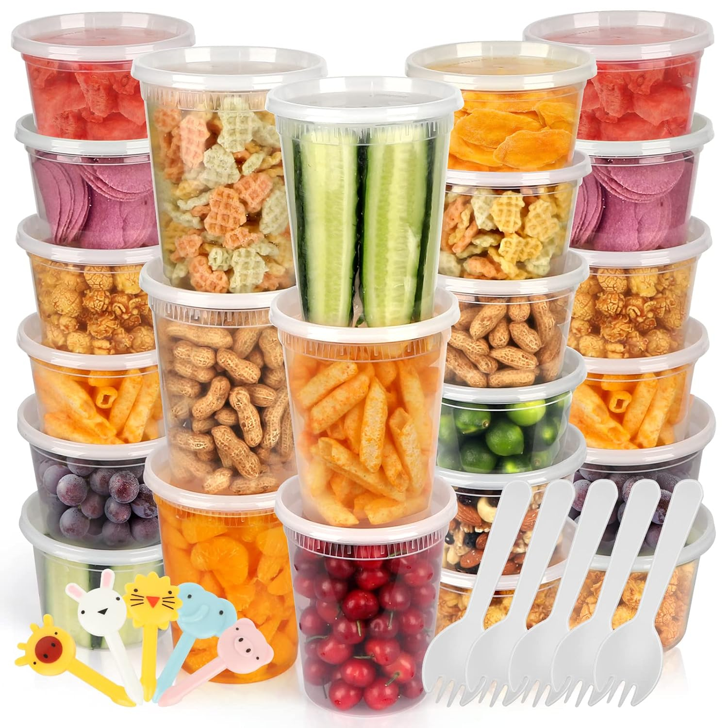 [50 Pack,16oz, 32oz ] Food Storage Containers with Lids- BPA-Free | Leakproof | Airtight | Stackable Plastic Deli Containers (Includes 10 Spoons & 10 Forks) , Dishwasher, Microwave & Freezer Safe