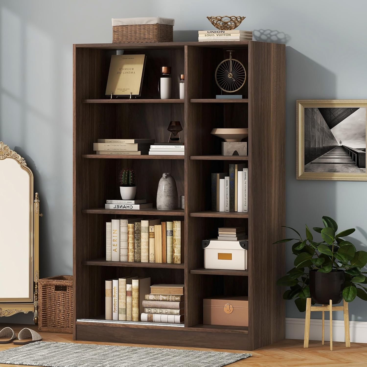 CASEMIOL 66.9" Tall Storage Cabinet Organizer with Sliding Doors, Bedroom Wardrobe Armoire Closet with Hanging Rod, Large Modern Wardrobe with Shelves for Sorting Clothes, Pants, Shirts, Walnut