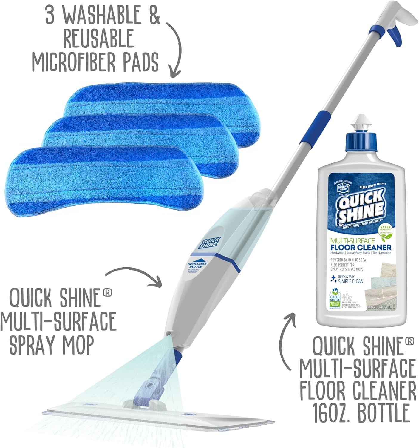 Quick Shine Spray Mop Combo Pack: Includes (1) Multi Surface Spray Mop, (3) Microfiber Pads and (1) 16 oz Multi-Surface Cleaner