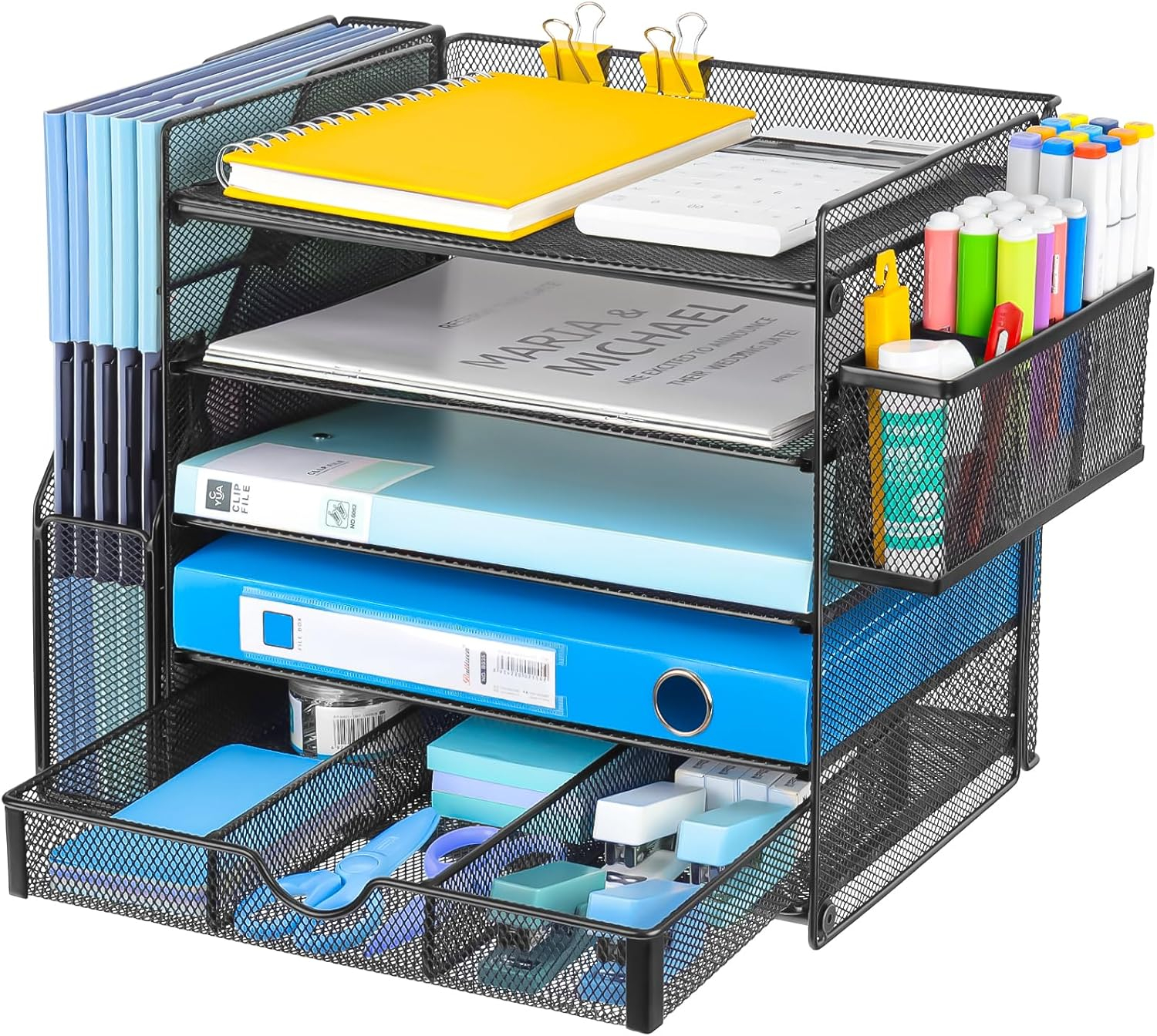 Desk Organizers with File Holder, 5-Tier Paper Organizer Letter Tray with Sliding Drawers and Extra Pen Holder, Mesh Desktop File Organizer for School Office Supplies, Black.