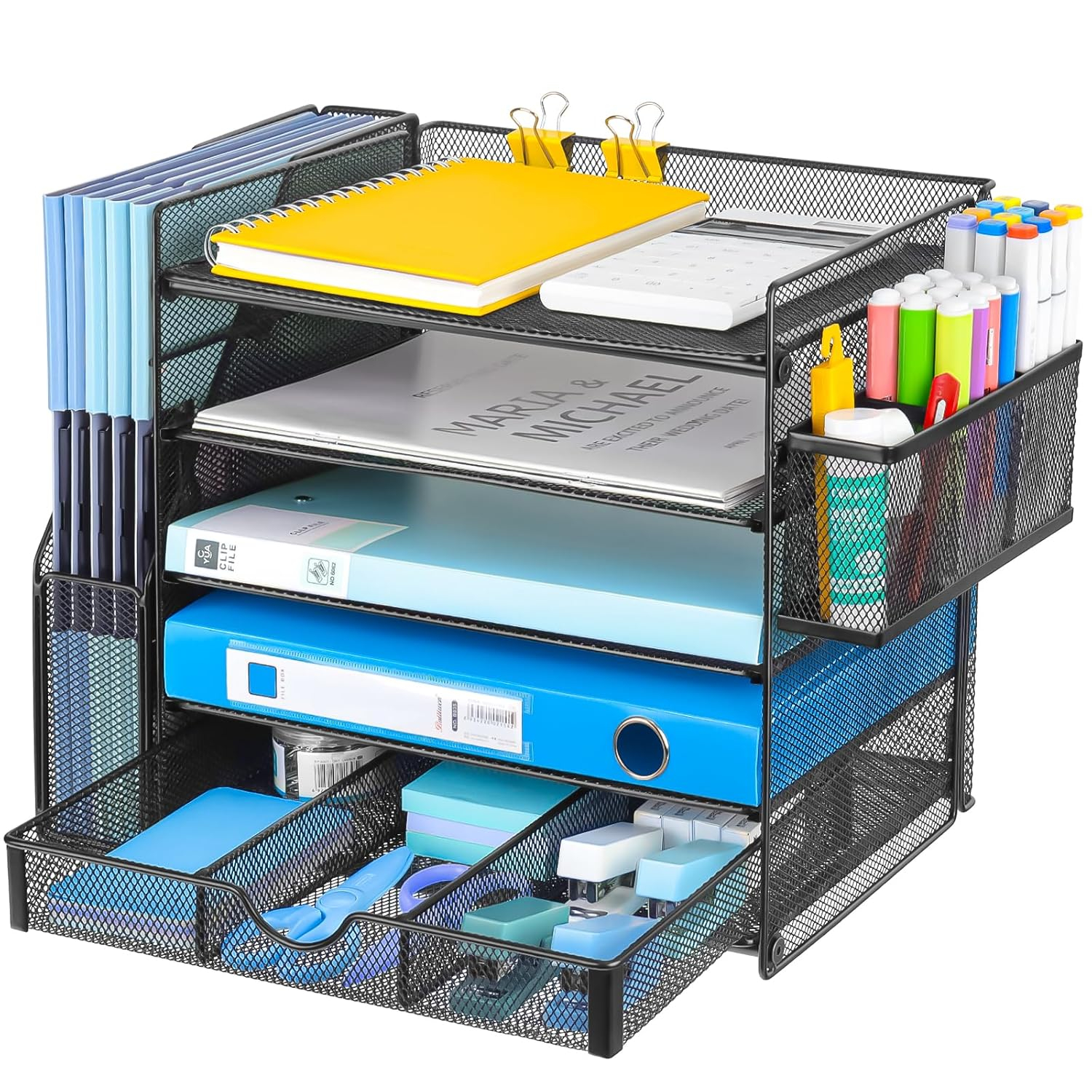 Desk Organizers with File Holder, 5-Tier Paper Organizer Letter Tray with Sliding Drawers and Extra Pen Holder, Mesh Desktop File Organizer for School Office Supplies, Black.