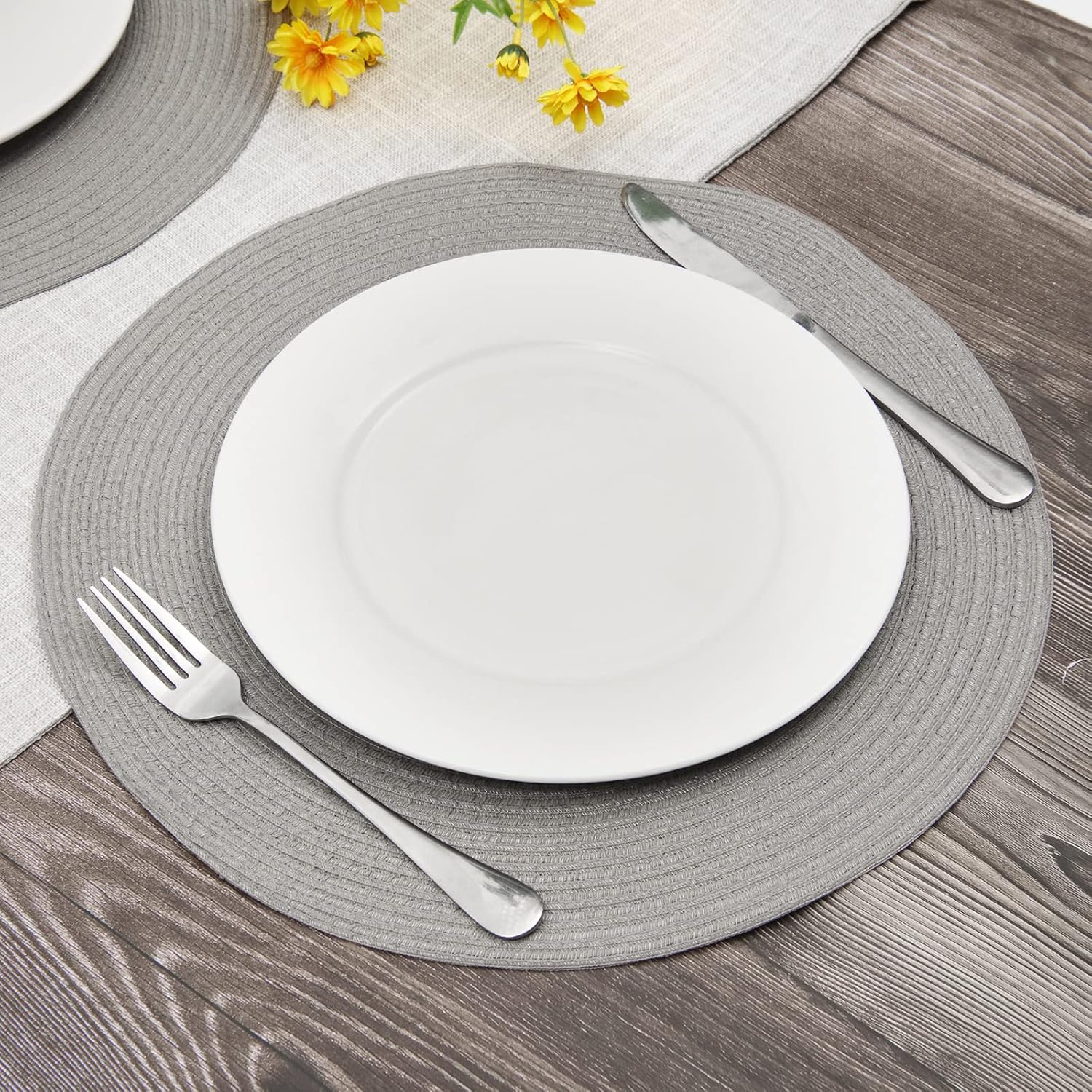 Light Gray Round Fabric Braided Placemats Set of 6