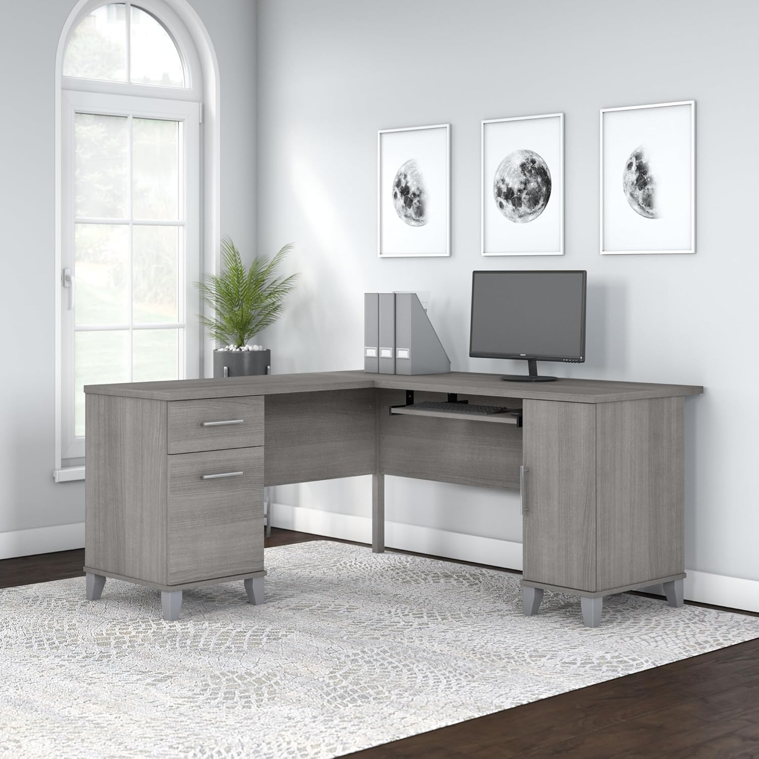 Bush Furniture Somerset 60" L Shaped Desk with Storage, Platinum Gray