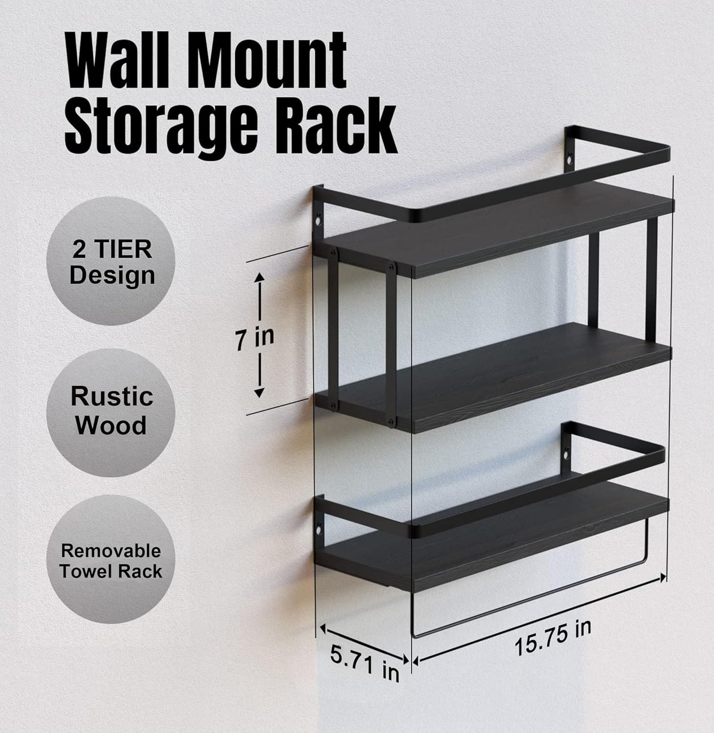 RICHER HOUSE 2+1 Tier Wall Mounted Floating Shelves Set of 2, Rustic Wood Wall Shelf with Metal Frame, Extra Storage Rack for Bathroom, Kitchen, Bedroom with Tissue Rack & Towel Bar - Black