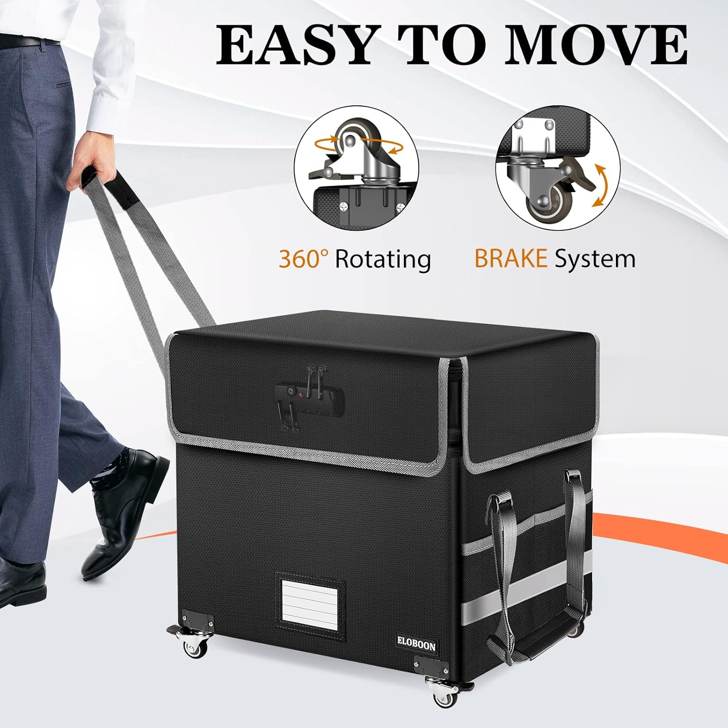 Collapsible File Organizer Box with Lock, Fireproof Document Box on Wheels, Rolling File Cabinet for Hanging Letter/Legal Folders, Black