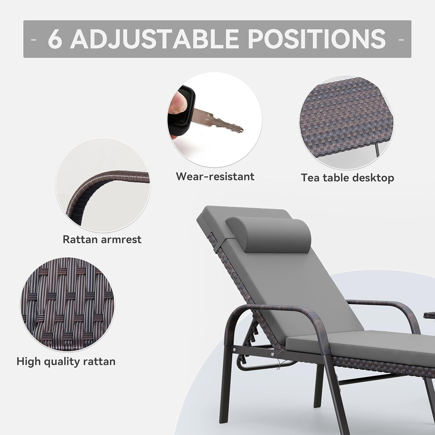 3 Pieces Patio Chaise Lounge Set Outdoor PE Rattan Armrest Lounge Chair Adjustable Backrest Reclining Chair with Folding Table and Cushion for Patio Poolside Backyard Porch Beach(Grey)