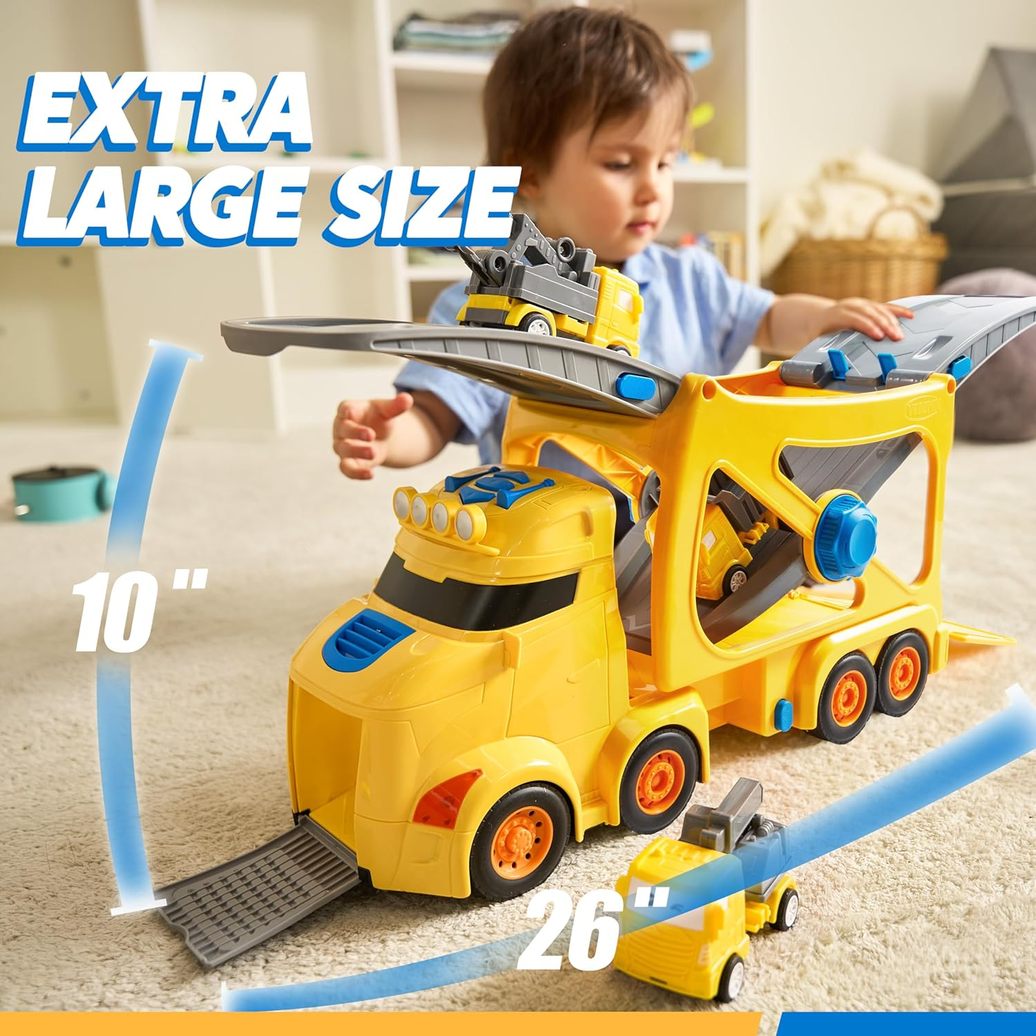 Extra Large Toy Cars for Toddlers, 3-Layer Construction Trucks for 2 3 4 Year Old Boys, 7-in-1 Big Transport Vehicle Carrier Truck with Siren & Lights and 6 Toy Cars, Birthday Gifts for Boys Kids