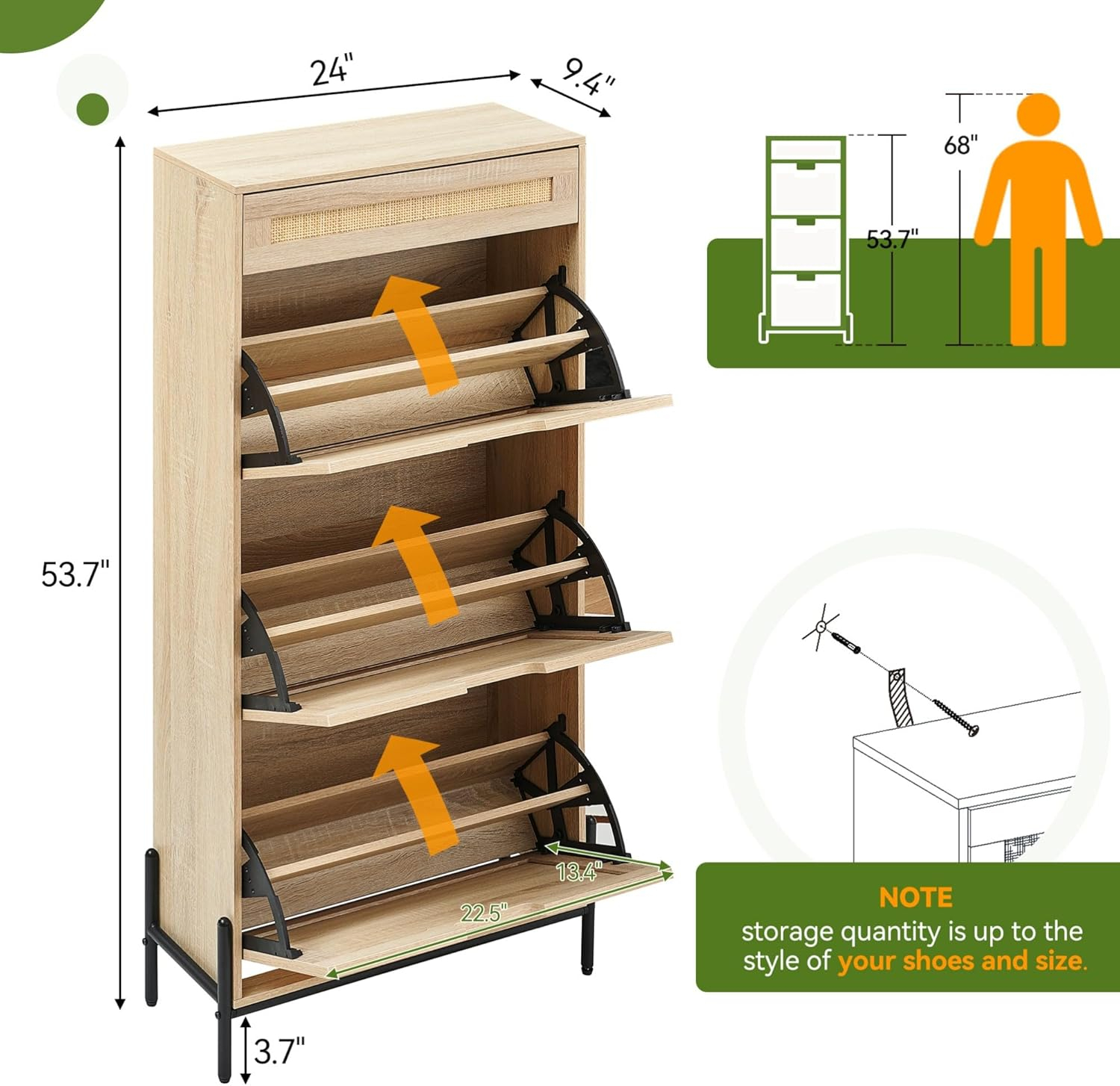 3 Flip Drawers Shoe Storage Cabinet with 1 Drawer, Rattan Shoe Organizer with Metal Legs, Freestanding Narrow Shoe Rack Cabinet for Entryway, Oak