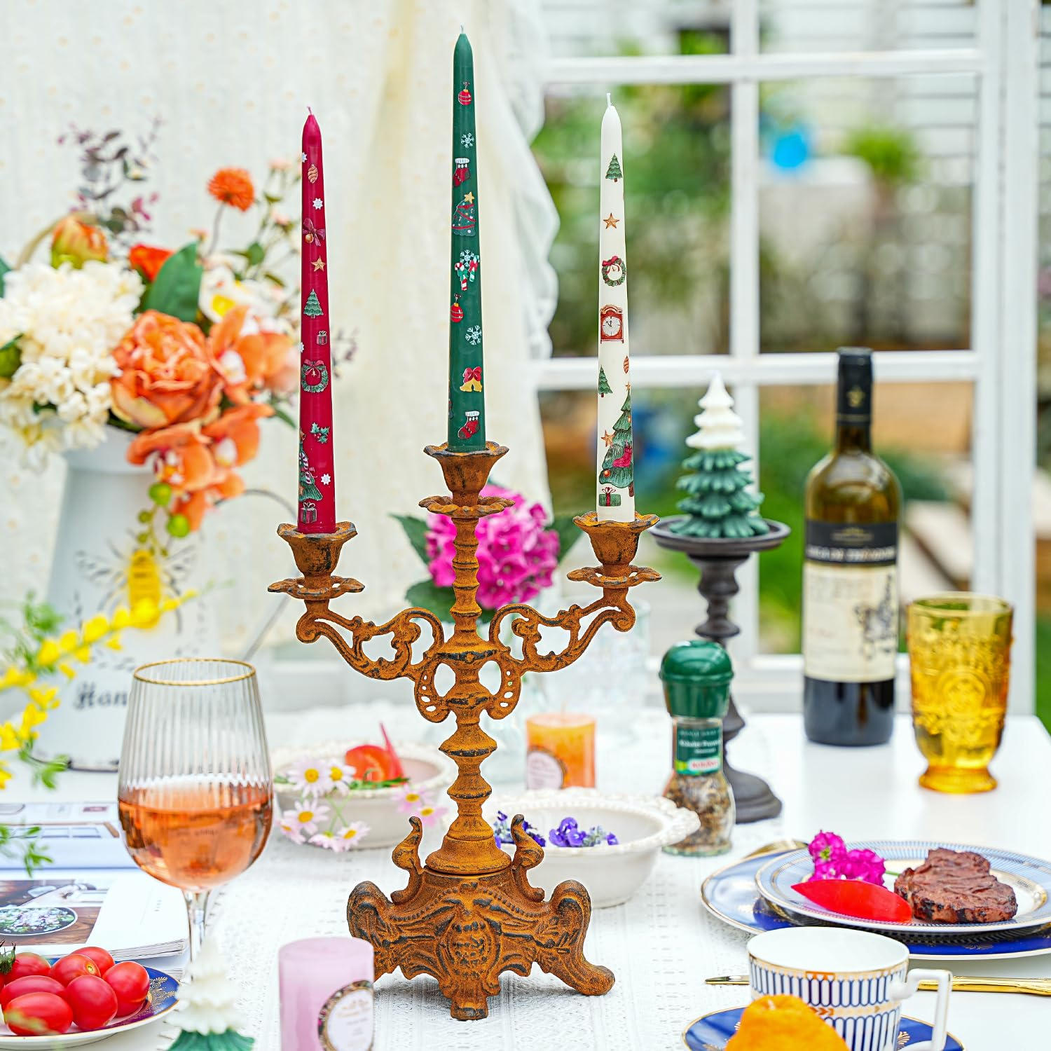 Sungmor Rusty Cast Iron 3 Arm Candelabra, 13" Tall Vintage Candlestick Holder, Decorative Taper Candle Holder, Pretty Centerpiece Candle Stand for Halloween, Christmas, Holiday Décor