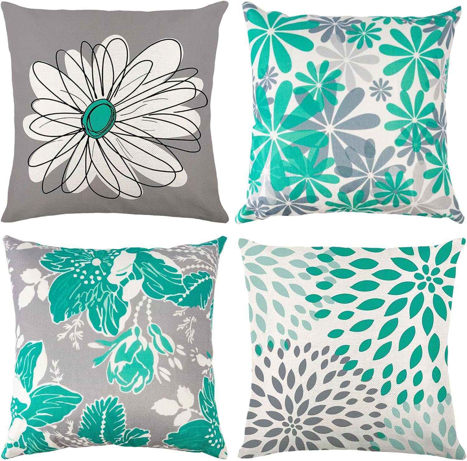 Husfou 4pcs Linen Pillow Covers 18x18 inch Turquoise and Grey Decorative Throw Pillow Case for Couch Modern Daisy Cushion Cover for Home Sofa Bedroom Decor