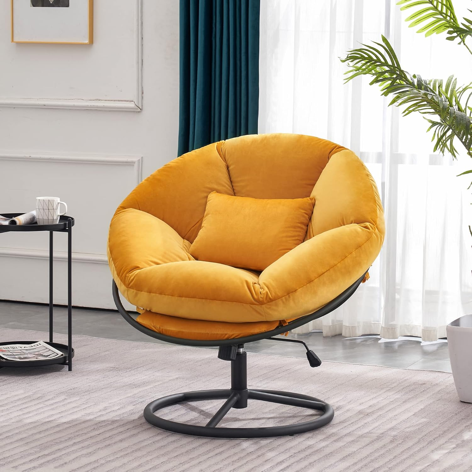 Mcombo Swivel Papasan Chairs, Gas Lift Cozy Chair with Height Adjustment, Velvet Rocking Saucer Chair for Living Room Bedroom HQ405(Yellow)