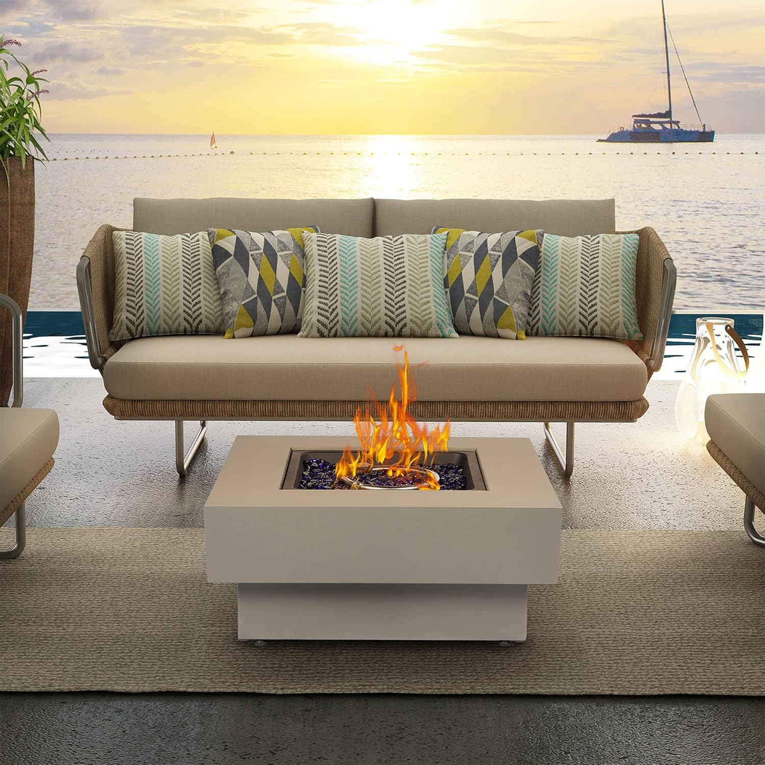 BAIDE HOME 32.5" Square Steel Low Profile Gas Fire Pit Table, 50,000 BTU Outdoor Propane Fire Pit with Lid, Glass Rocks, Cover, Pre-attached 10ft Propane Hose