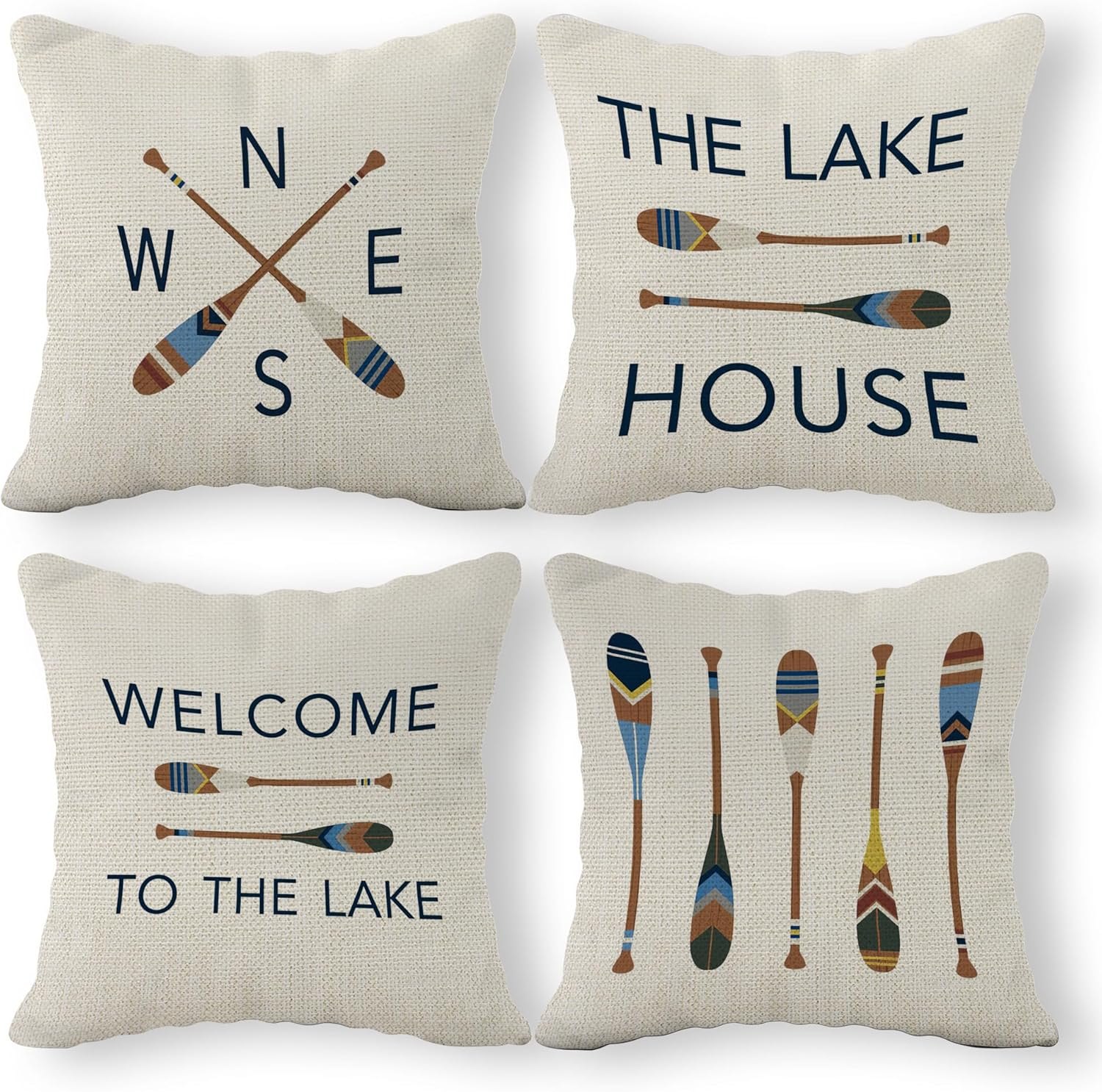 Lake House Decor Lake Pillows Case 20 x 20 Inch Set of 4, Lake Paddle Decor, Lake House Rules Decor, Lake House Decor, Lake House Room Decor Pillows Cover for Sofa Couch Bed (White).