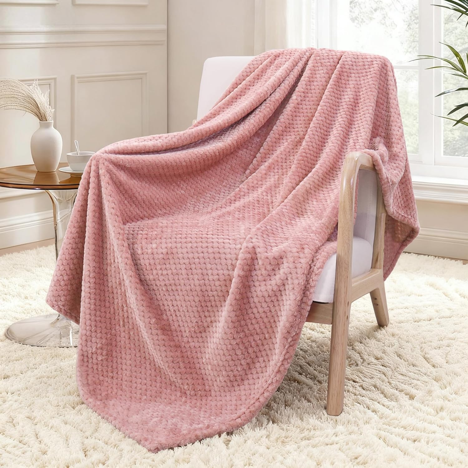 Exclusivo Mezcla Waffle Textured Extra Large Fleece Blanket, Super Soft and Warm Throw Blanket for Couch, Sofa and Bed (Dusty Pink, 50"x70")-Cozy, Fuzzy and Lightweight