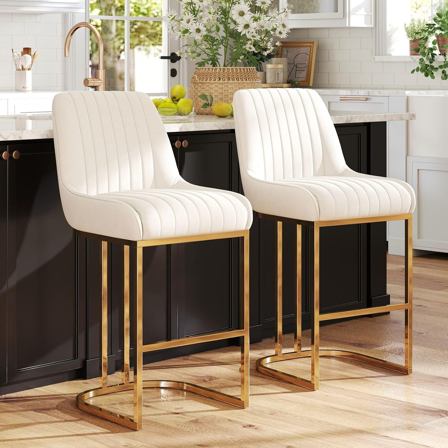 Counter Height Stools Set of 2, Velvet Bar Stools with 27 Inches Upholstered Seat Height, Handmade Woven Back Armrest, Sturdy Golden Metal Legs for Home Dining Pub Kitchen Island, Beige