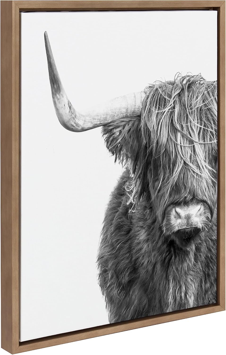Kate and Laurel Sylvie B&W Highland Cow No. 1 Framed Canvas Wall Art by Amy Peterson Art Studio, 18x24 Gold, Black and White Animal Portrait Art