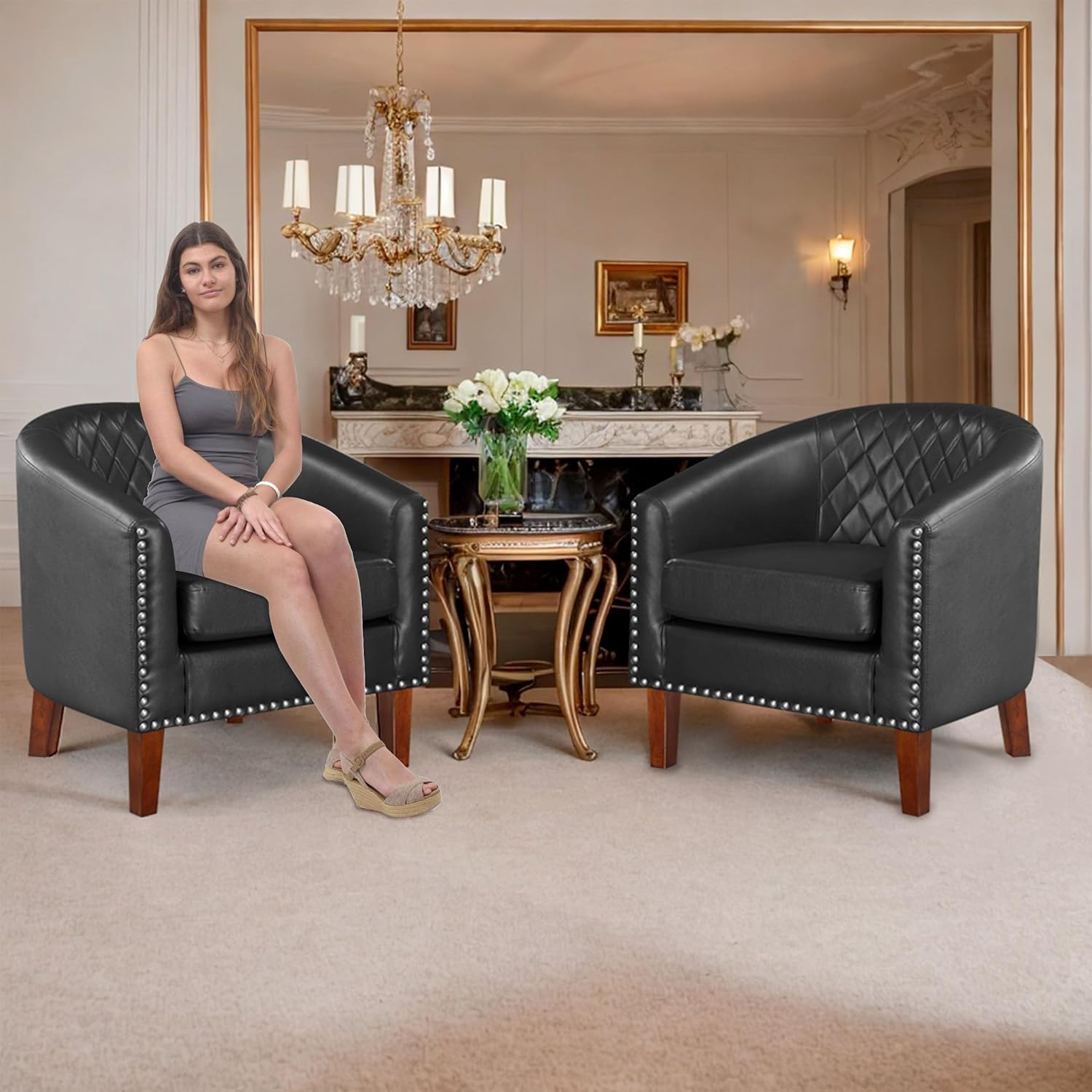 Prilinex Comfy Barrel Accent Chair Set of 2 - Faux Leather Living Room Chair Club Chair with Cushion, Diamond Grid Backrest & Nailhead Trim, Guest Chair for Office, Bedroom & Waiting Room, Black