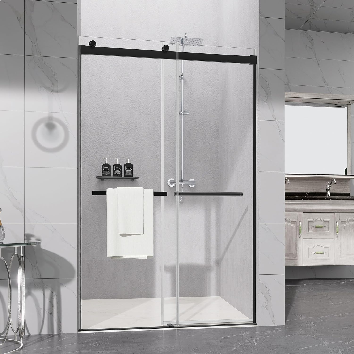 Sunrosa Shower Door 48"×76", Double Sliding Shower Door, Frameless Shower Door with Tempered Glass, Shower Glass Door in Matte Black
