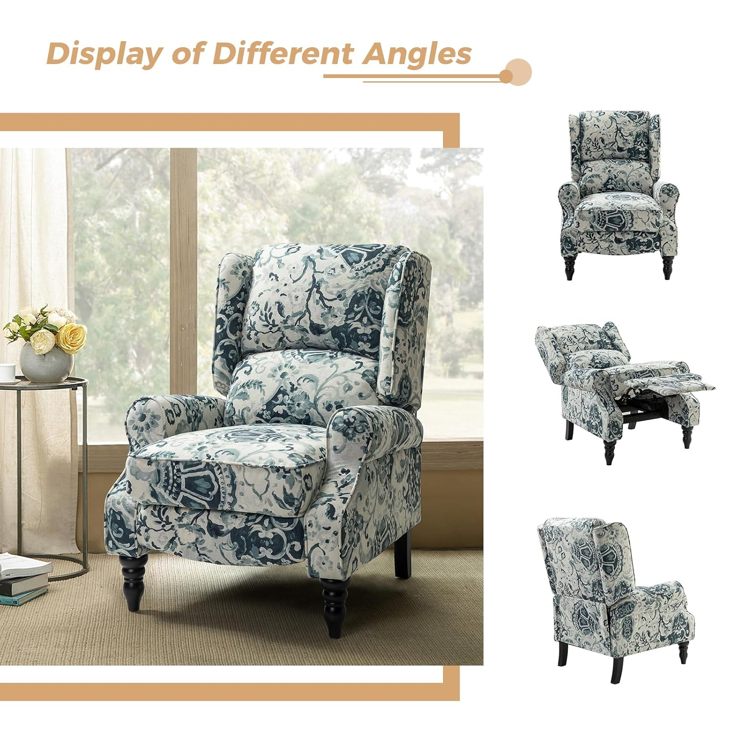 Floral Blue and White Upholstered Wingback Recliner with Rubber Wood Legs