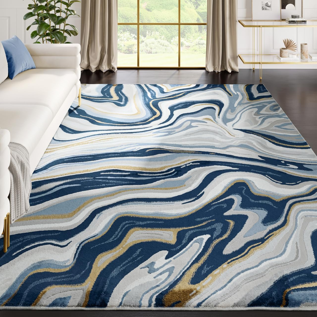 Abani Regal Collection Area Rug - Blue/Grey Abstract Wavy Design - 8' x 10' - Easy to Clean - Durable for Kids and Pets - Non-Shedding - Medium Pile - Soft Feel - for Living Room, Bedroom & Office