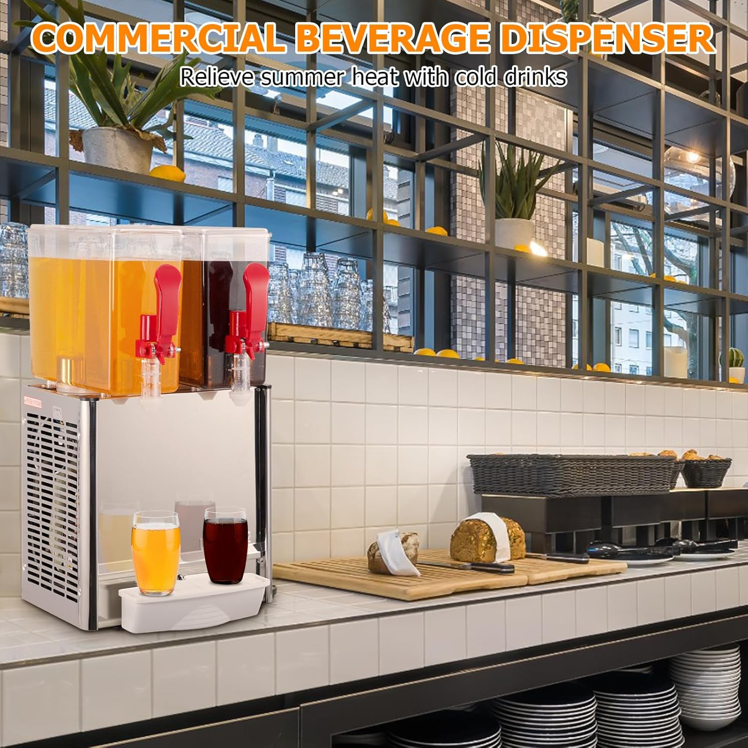 Commercial Beverage Dispenser, Towallmark 2 Tanks 5.28 Gallon 20L Commercial Juice Dispenser, 10 Liter Per Tank, 280W Stainless Steel Food Grade Ice Tea Drink Dispenser with Thermostat Controller