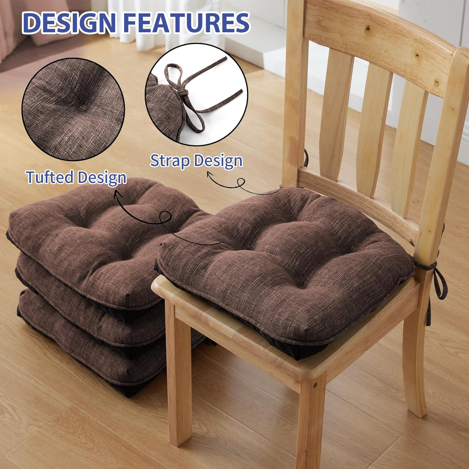 Chair Cushions for Dining Chairs Set of 4, Kitchen Chair Cushions, Chair Pads with Ties and Non Slip Backing, Tufted Memory Foam Seat Cushion 4 Pack, 15.5" x 15.5" x 4", Brown