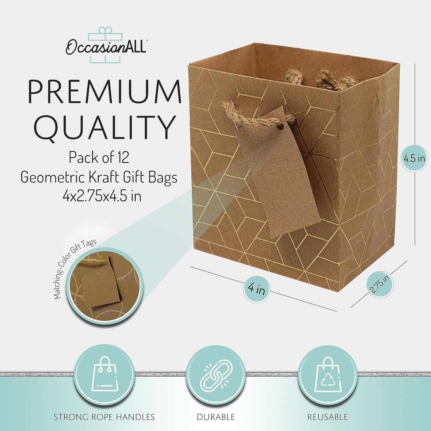 OccasionALL Mini Gift Bags with Handles, Brown Gold Paper Tote for Christmas, Holidays, Cards, Weddings, Birthdays, Shopping, Bulk, 4x2.75x4.5 12 Pack