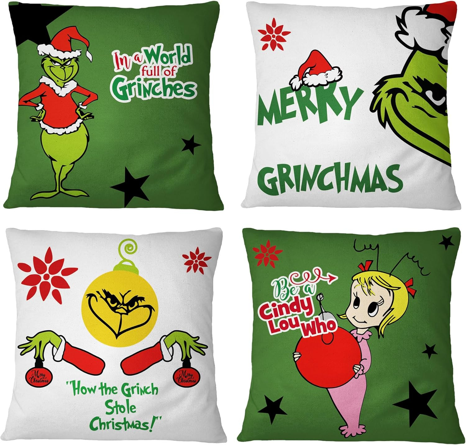 Christmas Grlnch Pillow Covers 18x18 Inch for Christmas Decorations Throw Pillow Case Green and Red Stripe Farmhouse Merry Winter Holiday Home Decor Sofa Cushion Set of 4