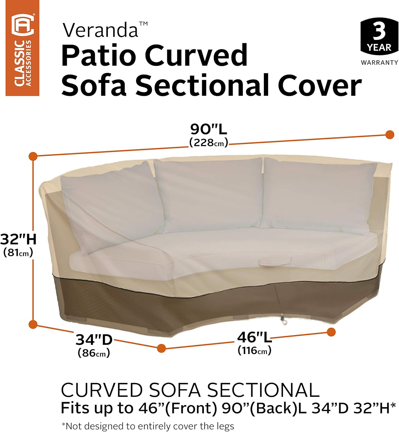 Classic Accessories Veranda Water-Resistant 46 Inch Patio Curved Sofa Sectional Cover