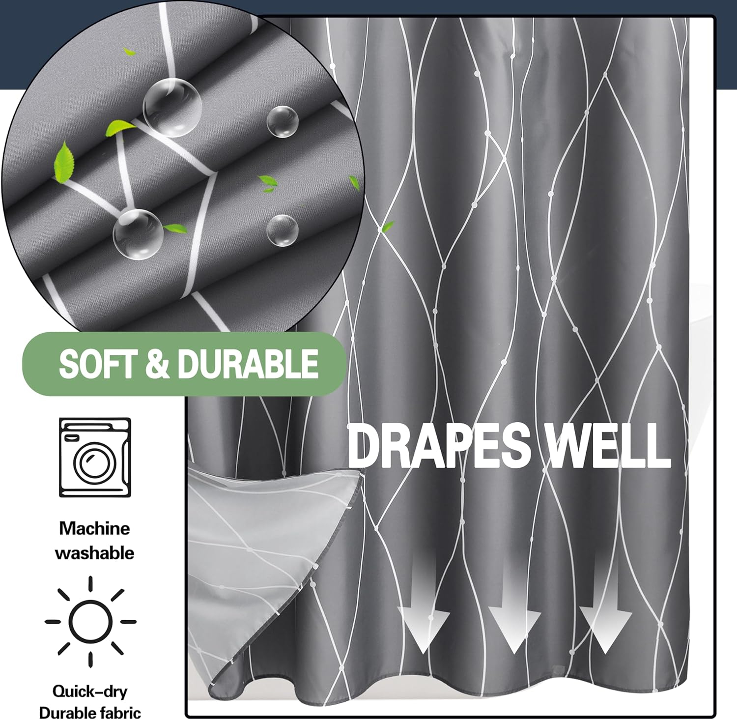 Grey White Striped Fabric Shower Curtain with Snap in Removable Liner for Bathroom Bathtubs,Hotel Shower Curtain and Liner Set with See Through Mesh Top Window,Machine Washable (71"W X 74"H)