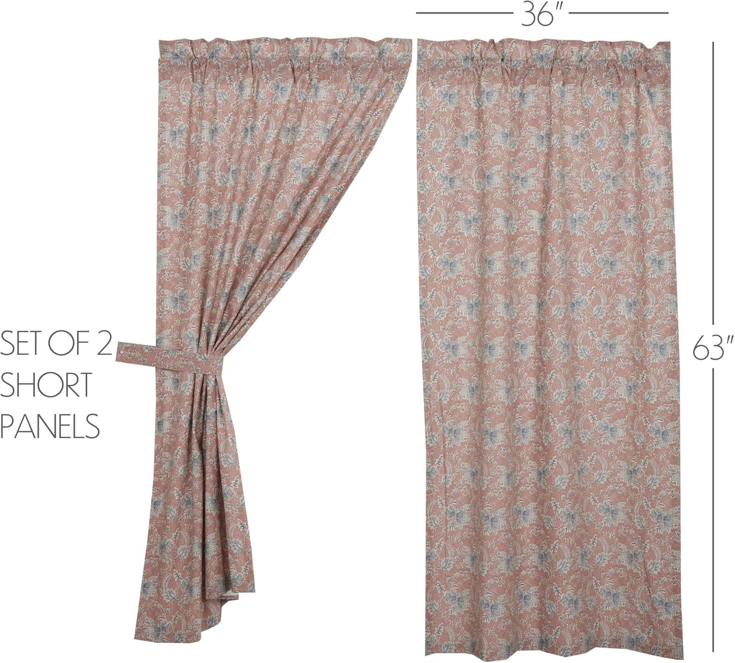 VHC Brands Kaila Country Cottage Vintage Floral Living Room Curtain Short Panel Set of 2 63x36