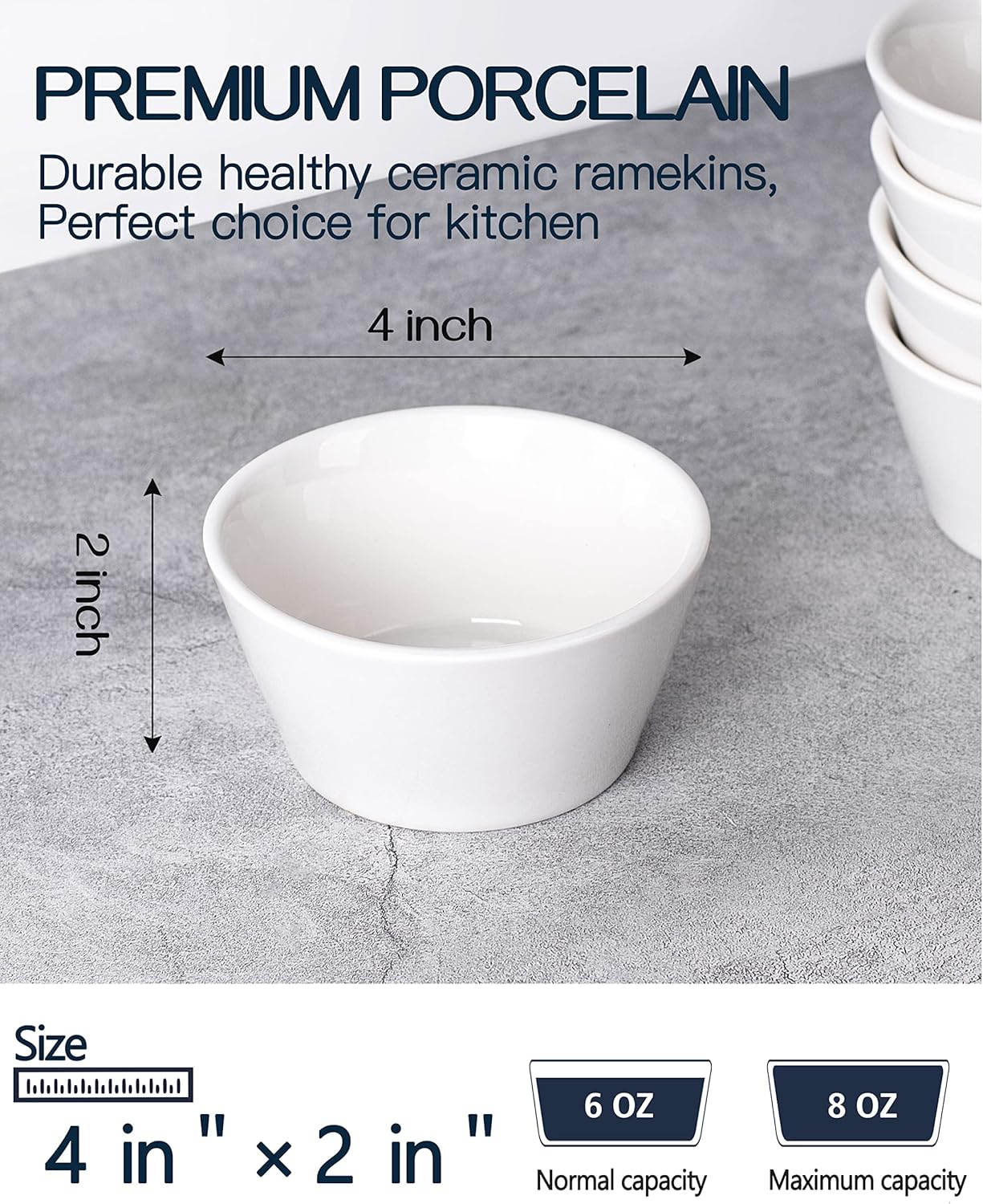 White Porcelain 8 Oz Stackable Dessert Bowls, Set of 6