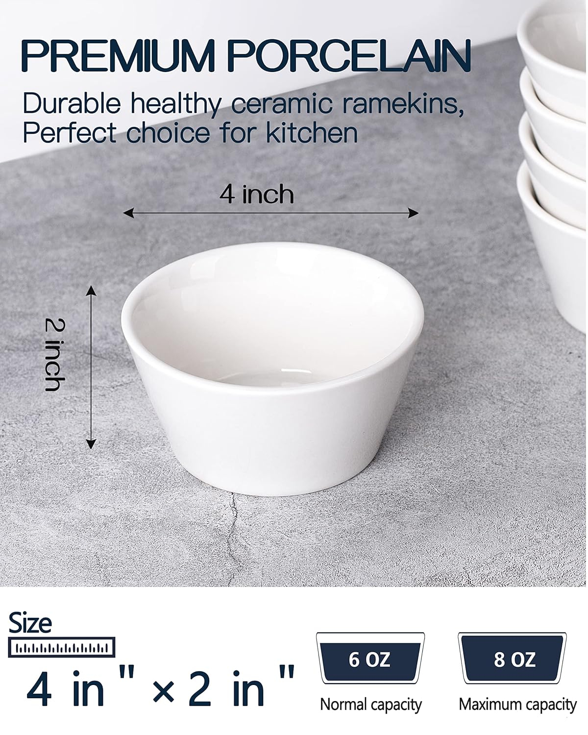 White Porcelain 8 Oz Stackable Dessert Bowls, Set of 6