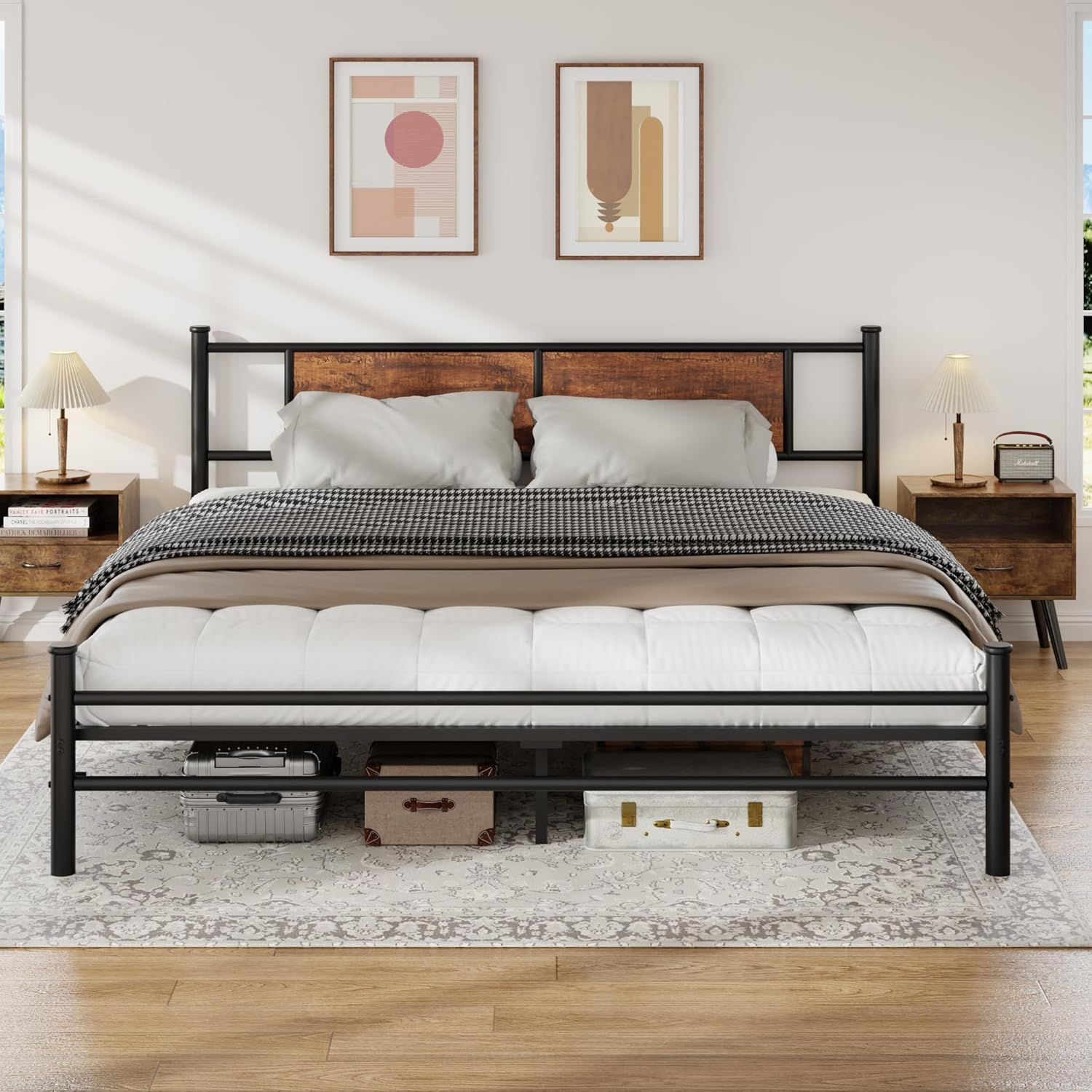 King Size Bed Frame with Rustic Wood Headboard, Metal Heavy Duty Platform, Sturdy Steel Slat Support, No Box Spring Needed, Black King Platform Bed Frame with Headboard