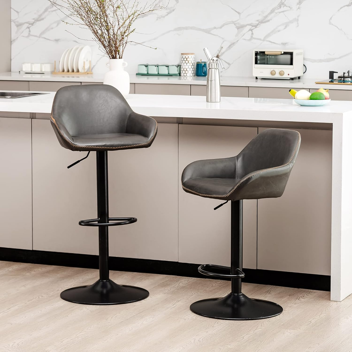 Glitzhome  42"H Mid-Century Adjustable Faux Leather Swivel Bar Stools Low Back Grey Set of 2 Foam, Steel Faux Leather, Foam Footrest, Padded Seat,