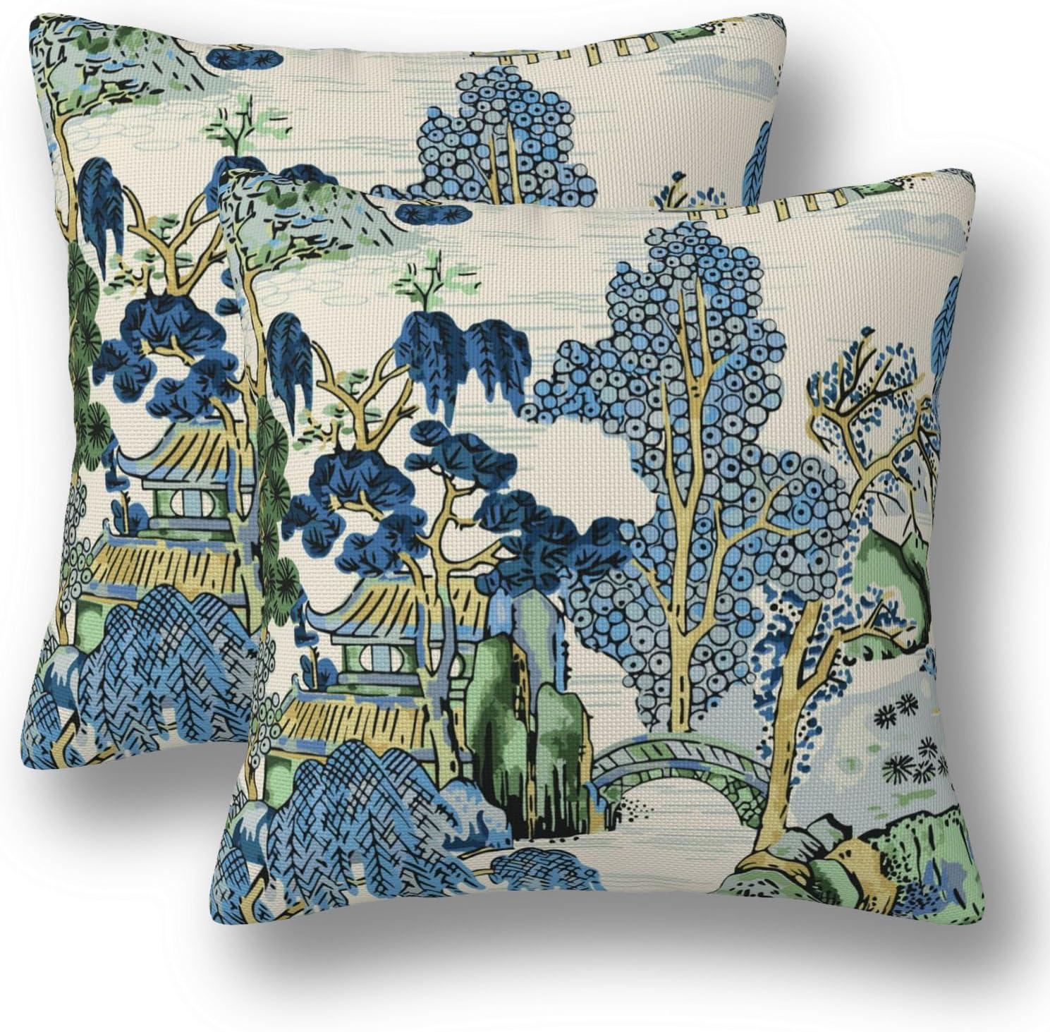 Chinoiserie Pillow Covers 20 x 20 Set of 2 Asian Scenic Linen Throw Pillow Cover Vintage Blue and Green Farmhouse Decorative Pillowcases for Living Room Couch Bed Sofa Outdoor