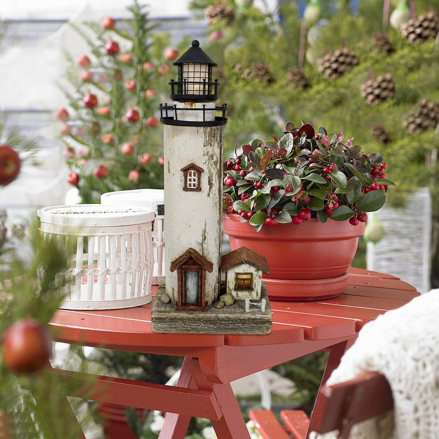 Rustic White and Brown Wooden Lighthouse Decor with LED Light