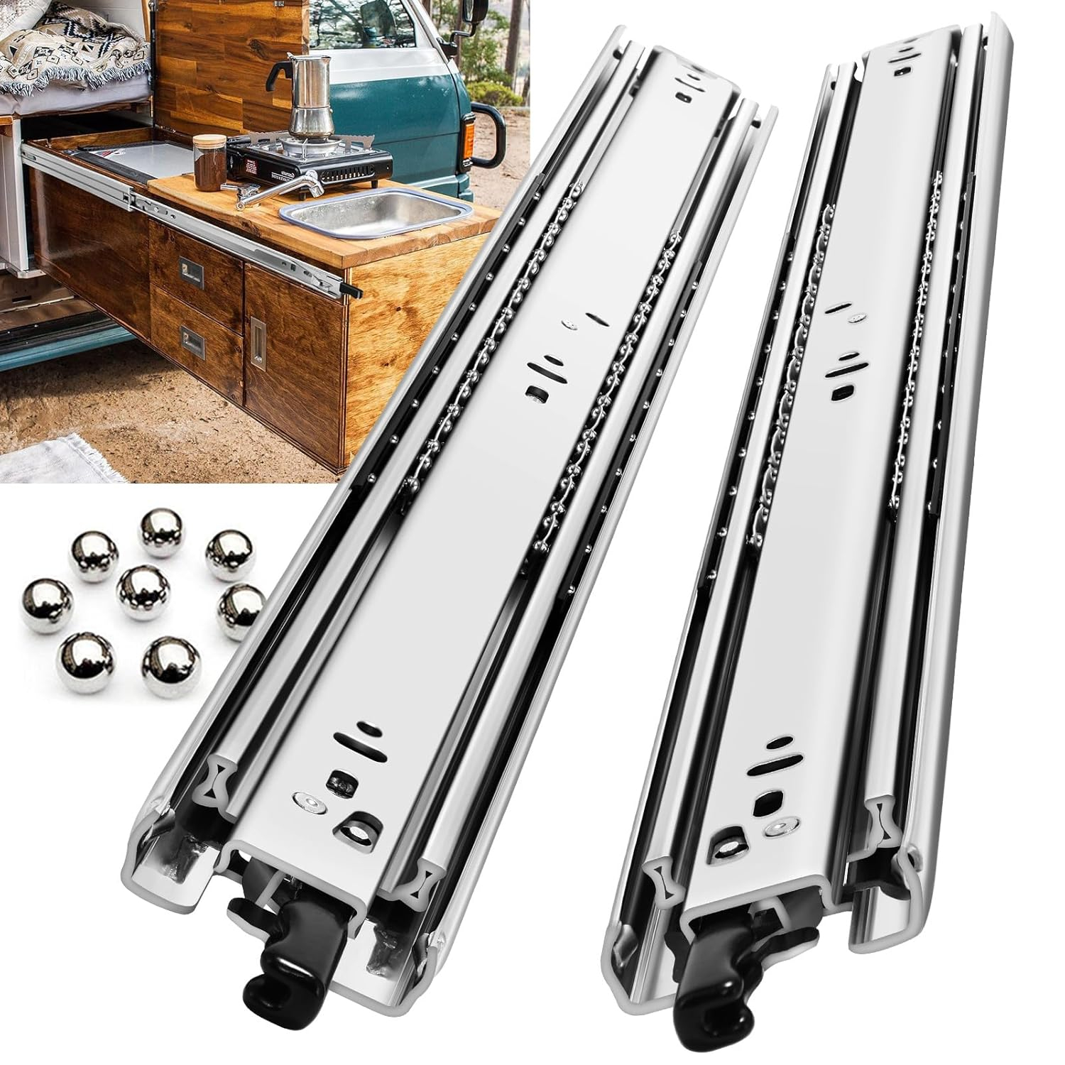 Heavy Duty Locking Drawer Slides Full Extension Runners with Lock 12 14 16 18 20 22 24 26 28 30 32 34 36 38 40 Inch Side Mount Ball Bearing Rails Track Glides 220 Lbs (with Lock, 14 inch) 14 Inch