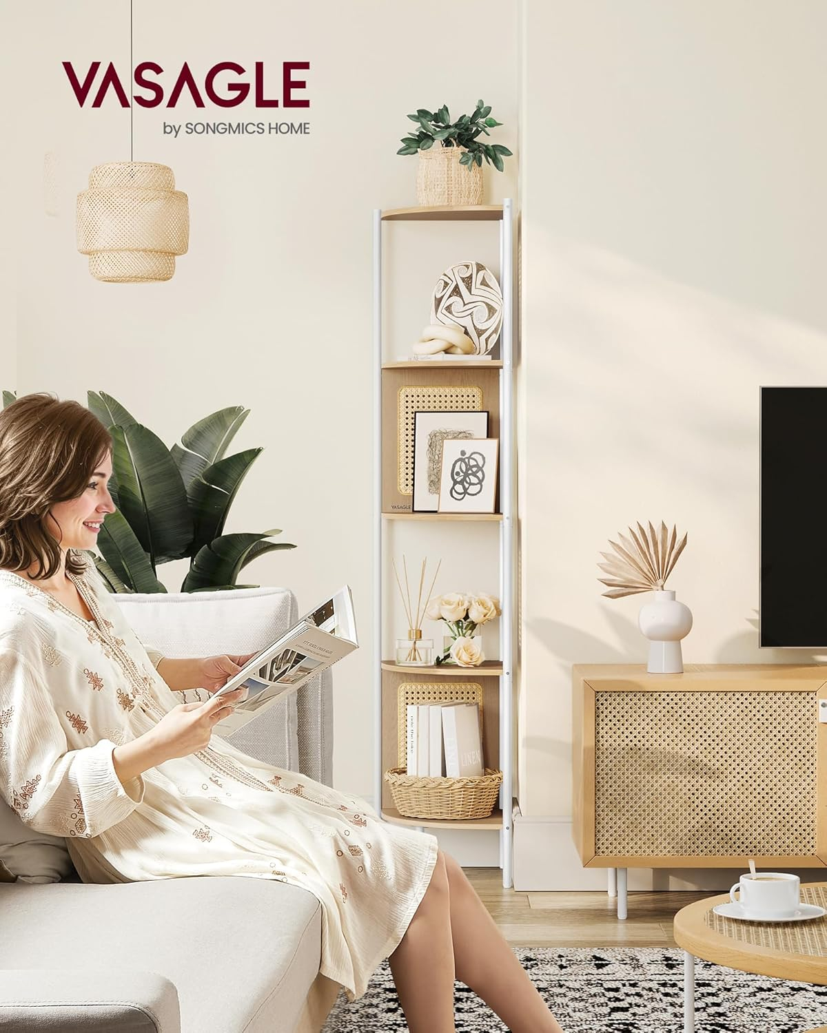 VASAGLE 5-Tier Corner Shelf Stand, Boho Corner Bookshelf with Polyrattan Sides, Plant Stand for Living Room Bedroom Study Kitchen, Oak Beige ULLS588Y57