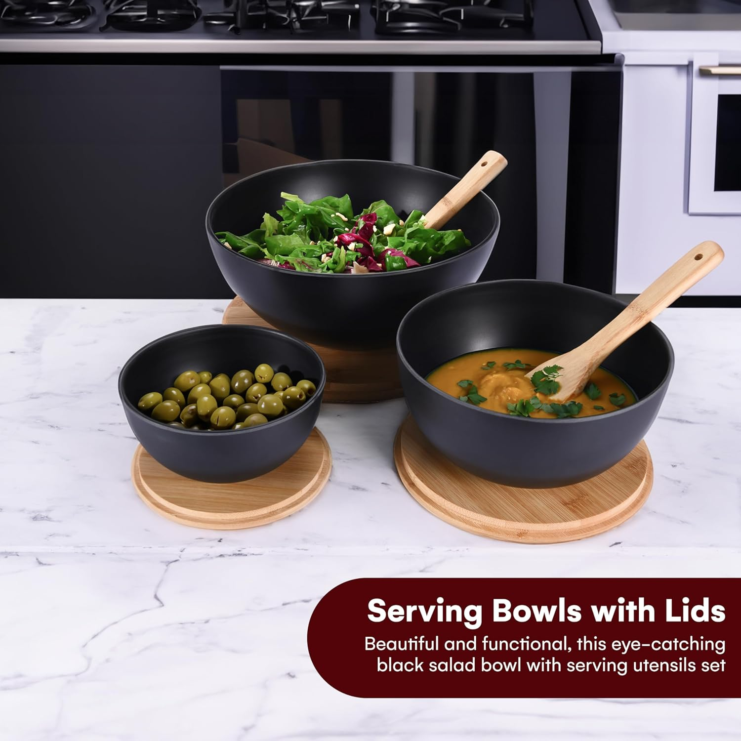 Black Bamboo Fiber Salad Bowls with Acacia Wood Lids - Set of 3