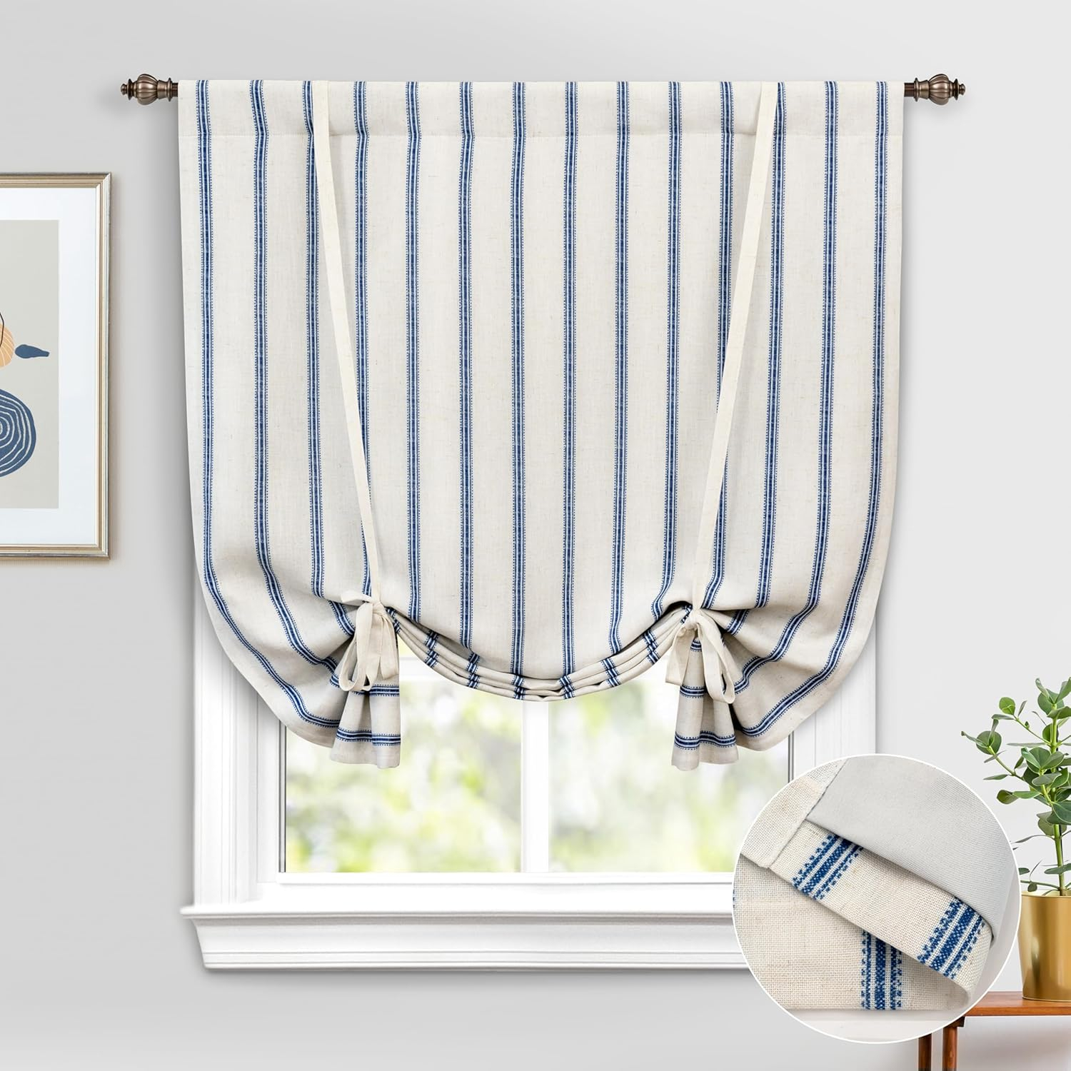 DriftAway Farmhouse Double Layer Linen Blackout Tie Up Curtains Thermal Insulated Vertical Striped Fully Lined Balloon Roman Shade Bathroom Window Adjustable Rod Pocket 25 Inch by 47 Inch Navy