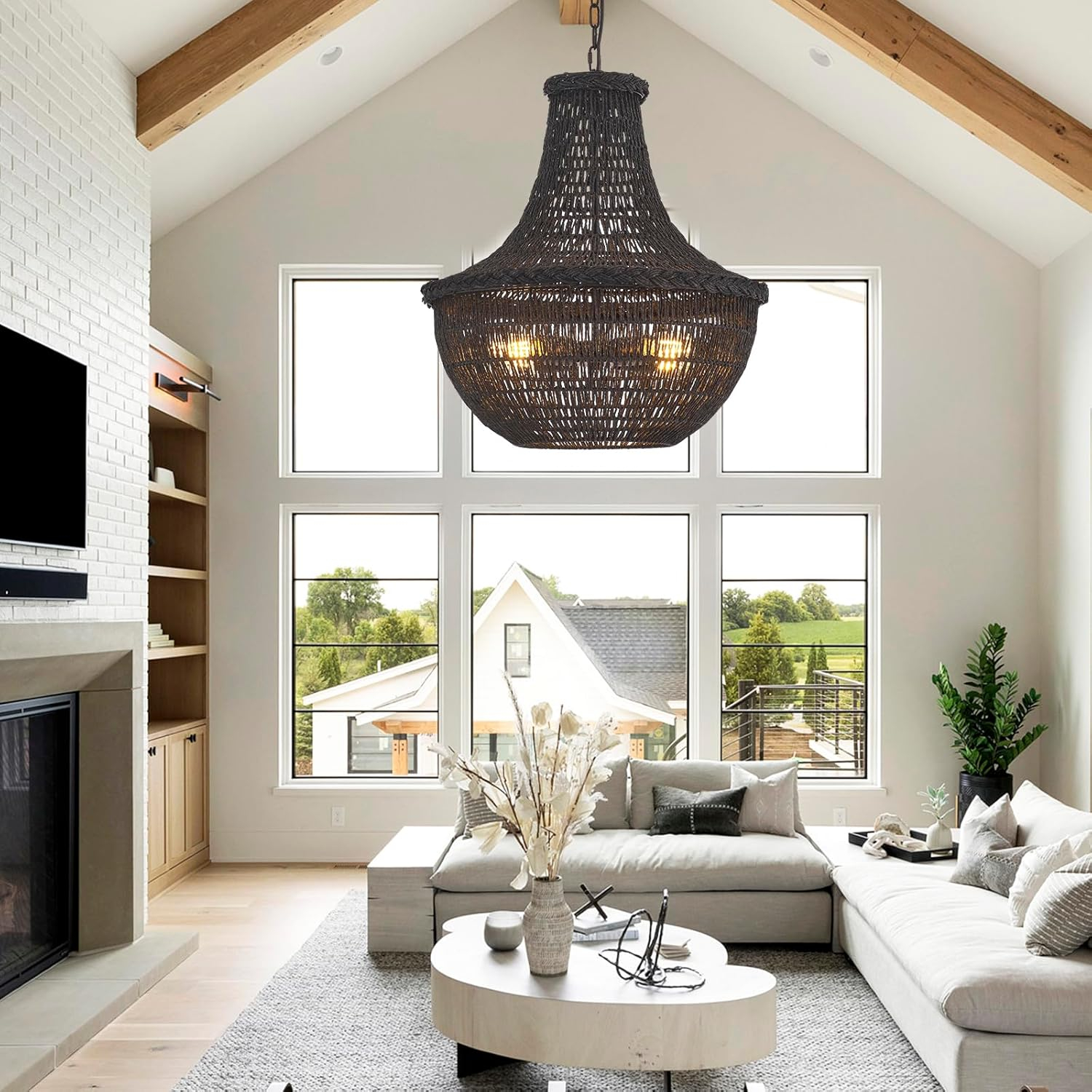 19.69" Boho Black Rattan Chandelier Vintage 4-Lights Farmhouse Hand-Woven Bamboo Basket Chandelier Light Fixture Rustic Wicker Rattan Chandeliers for Dining Room, Kitchen, Living Room