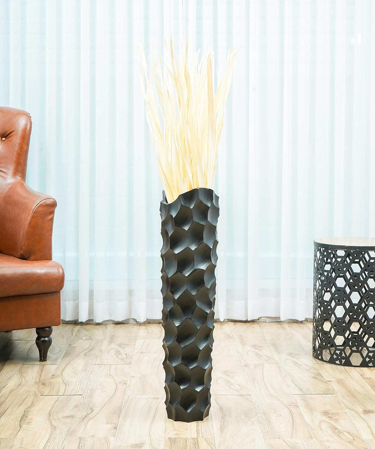 Leewadee Large Black Home Decor Floor Vase – Wooden 28 inches Tall Farmhouse Decor Flower Holder for Fake Plant and Pampas Grass