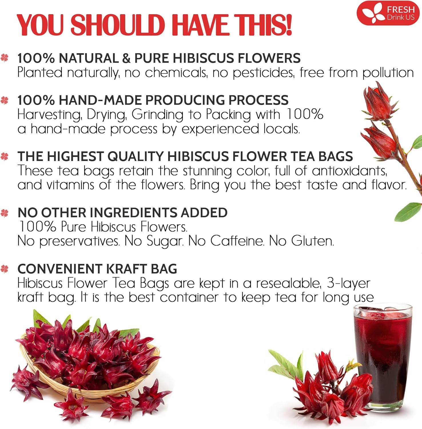 FreshDrinkUS, Premium 140 Hibiscus Flowers Tea Bags, 100% Natural, Handmade, Pure from Hibiscus Flowers. Loose Flower Hibiscus Herbal Tea. Hibiscus Flower Tea. No Sugar/Caffeine/Gluten, Vegan.