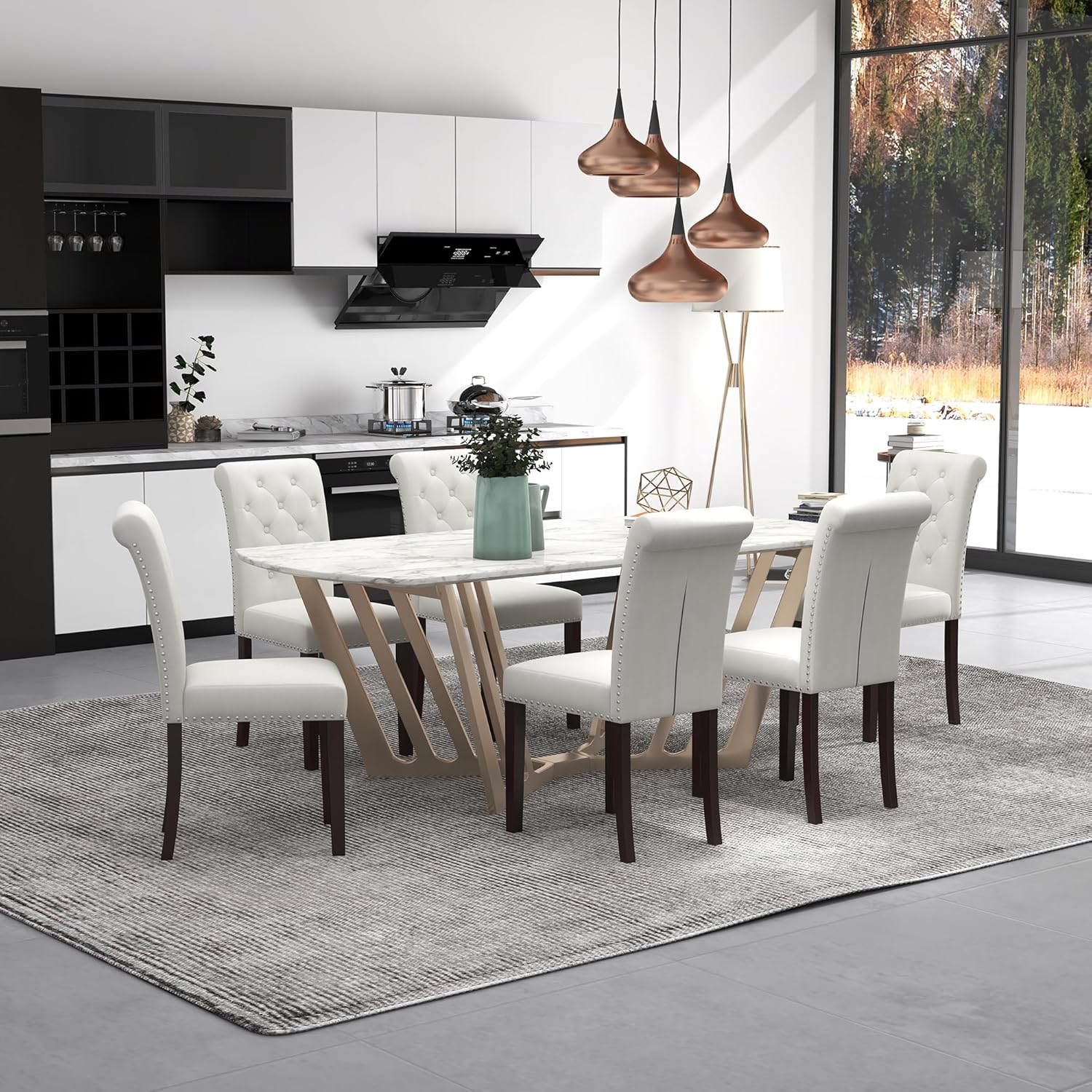 Westice Dining Room Chairs Set of 6 Upholstered PU Leather Kitchen Chairs Dining Room Side Chair with Nailhead Trim and Rubber Wood Legs for Small Space Apartment, Brown