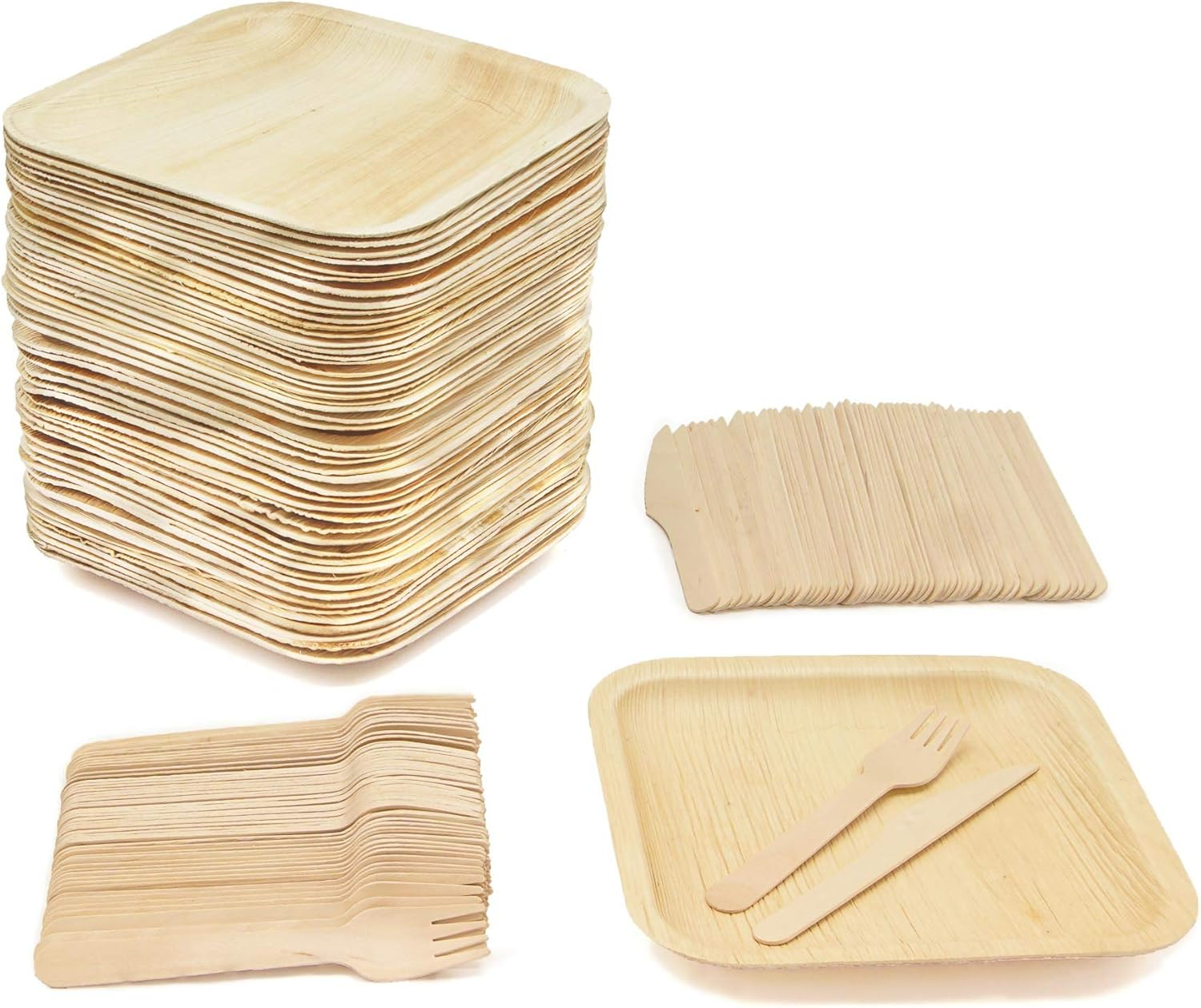 50 Disposable 8" Square Palm Leaf Plates, 50 Wood Forks, 50 Wood Knives - Party Pack of Eco-Friendly Dinnerware